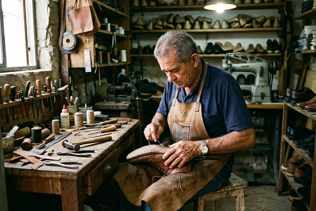 Sapateiro em ação, demonstrando habilidade na execução de reparos.