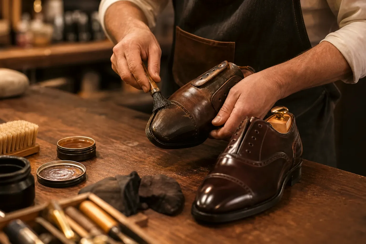 Sapateiro reformando sapatos sociais.