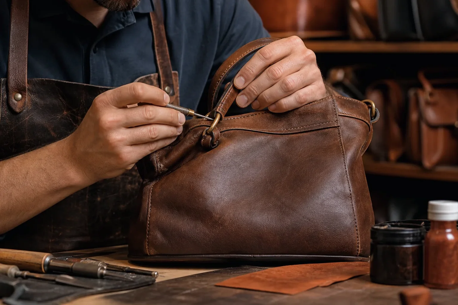 Sapateiro trabalhando na reforma de uma bolsa de couro.